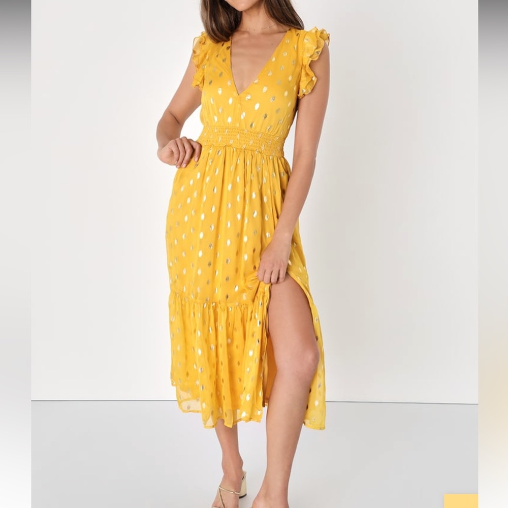 Lulus Cause to Celebrate Yellow and Gold Dot Ruffled Tiered Midi Dress Size XS